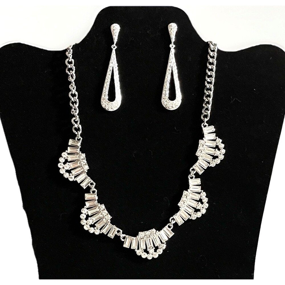 Silver Scalloped Rhinestone Necklace Teardrop Earrings Formal Prom Bridal Set